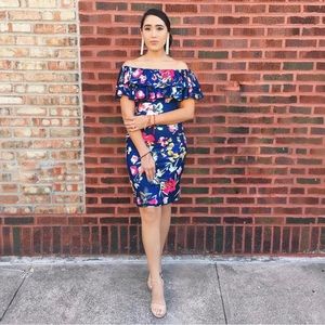 Navy Floral Off The Shoulder Dress